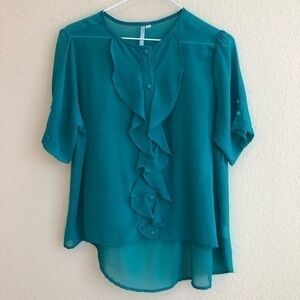 Moonlight Top Sheer Teal Blouse Ruffle Button Down